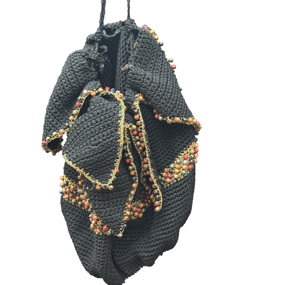 Vintage Crochet Drawstring Purse Black Beaded Bucket Bag Boho Festival Artisan